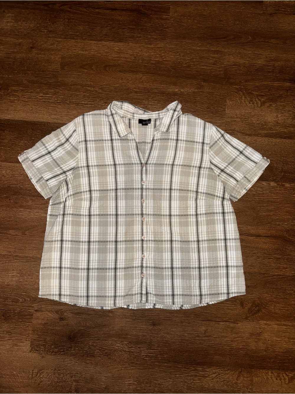 Erika Short-Sleeve Plaid Button-Down Shirt - Beige, White, Gray